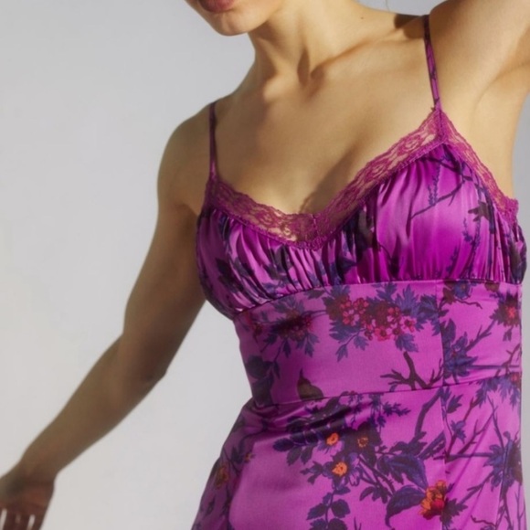 UO Purple Magenta Floral Tropical Print Satin Midi Side Slit Slip Dress - Picture 3 of 16